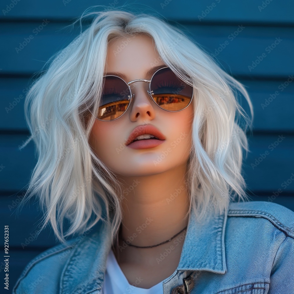 Young woman with wavy blonde hair and sunglasses against a blue wall Young woman with wavy blonde hair and sunglasses against a blue wall