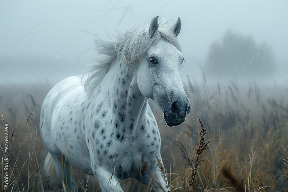 White Horse Running Through Foggy Field White Horse Running Through Foggy Field