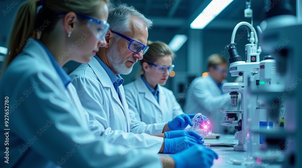 Scientific Research Team: Laboratory Scientists Conducting Advanced Experiments with High-Tech Equipment and Glowing Samples Scientific Research Team: Laboratory Scientists Conducting Advanced Experiments with High-Tech Equipment and Glowing Samples