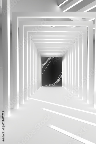 Bright white room with glowing lights and geometric lines