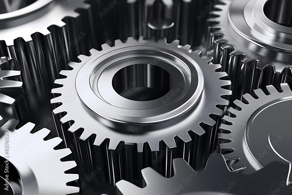 High-resolution close-up of interlocking metal gears, showcasing intricate textures and reflections High-resolution close-up of interlocking metal gears, showcasing intricate textures and reflections