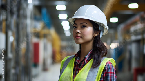 Asian Female Worker in a White Hard Hat and Reflective Vest Walks Through a Manufacturing Facility