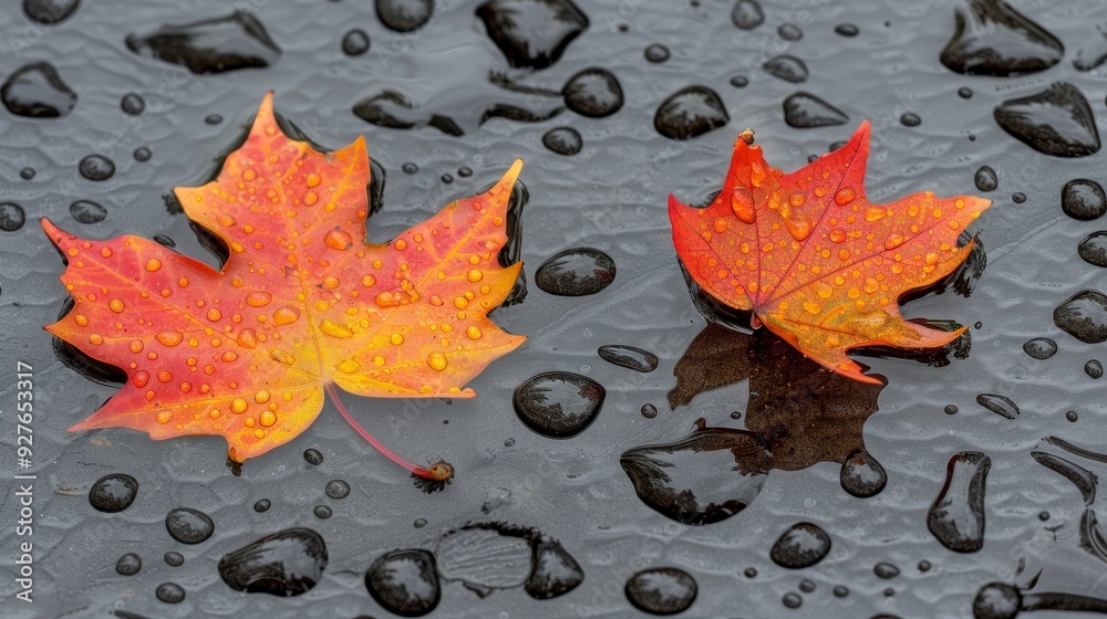 Two Vibrant Orange and Red Maple Leaves with Rain Water Droplets Lay on a Wet Grey Stone Background Two Vibrant Orange and Red Maple Leaves with Rain Water Droplets Lay on a Wet Grey Stone Background