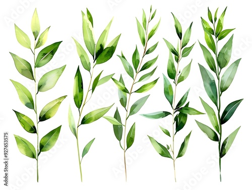 Minimalist Watercolor Bamboo Leaves Set on White Background with Zen like Aesthetic