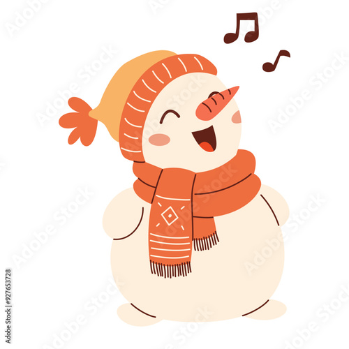 Flat vector illustration in children's style on New Year's theme. Cute snowman in a hat and mittens singing songs. Vector illustration