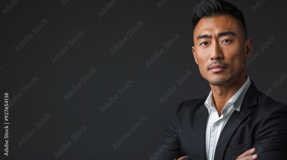 Confident young Asian businessman stands with arms crossed, displaying focus and determination, posing against dark background, ready for challenge, exhibiting professional attitude. Copy space. Confident young Asian businessman stands with arms crossed, displaying focus and determination, posing against dark background, ready for challenge, exhibiting professional attitude. Copy space.