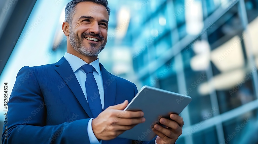 Fototapeta premium The man in the suit The man is working with his Ipad.is smiling happily
