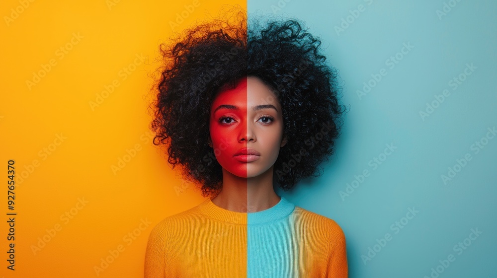 Conceptual image of a person with a divided face symbolizing a balance of emotions blending happiness and sadness A seamless transition between two contrasting moods with vibrant and muted tones Conceptual image of a person with a divided face symbolizing a balance of emotions blending happiness and sadness A seamless transition between two contrasting moods with vibrant and muted tones
