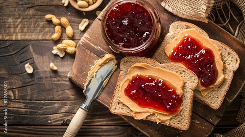 Closeup of peanut butter and jelly sandwich on a wooden background.