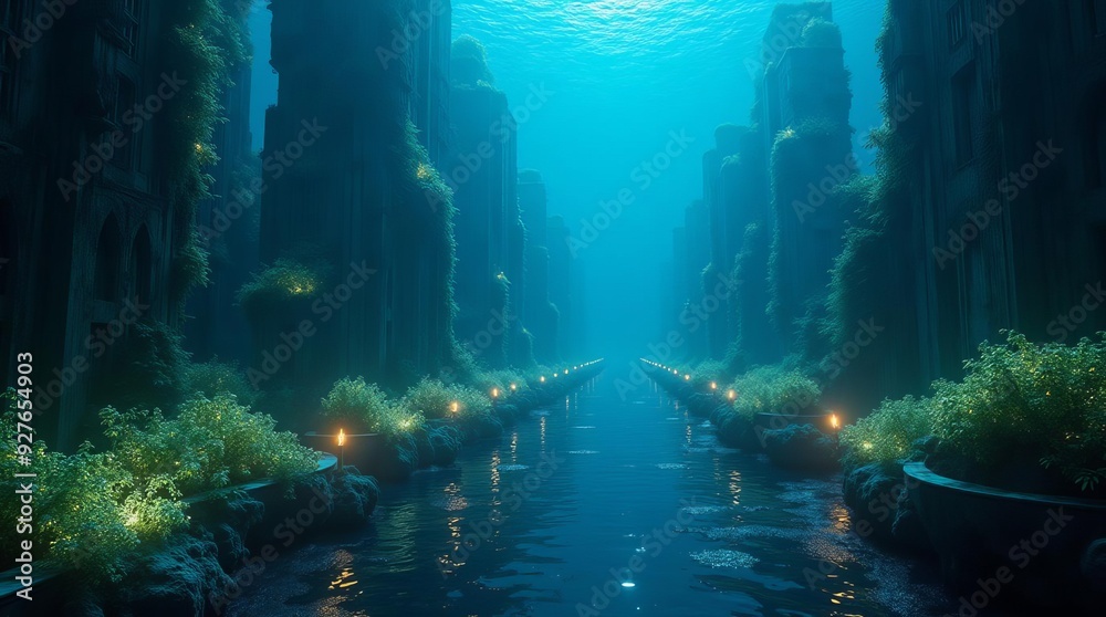 Obraz premium Enchanted Underwater City: Bioluminescent Fantasy Realm with Magical Lights and Submerged Ancient Structures