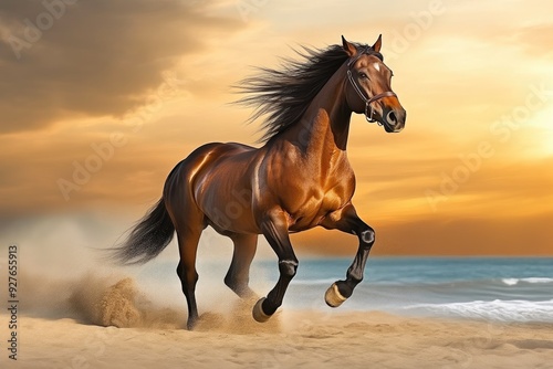 Serene Sunset Beach with Wild Horse Racing by Waves