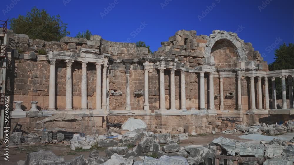 Ruins of the Monumental Nymphaeum fountain in Side, Turkey. Anitsal Cesme. Ruins of the Monumental Nymphaeum fountain in Side, Turkey. Anitsal Cesme.