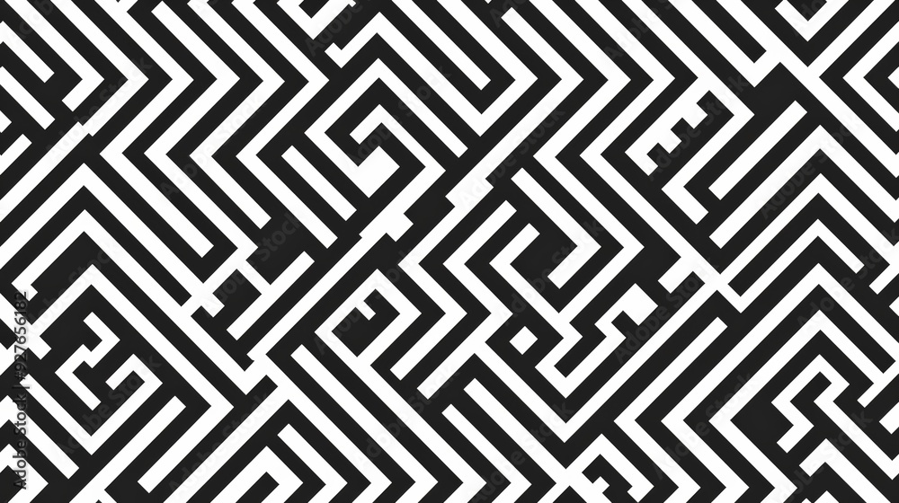 Intricate black and white maze pattern on a textured surface Intricate black and white maze pattern on a textured surface
