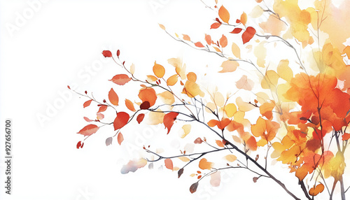 Vibrant Autumn Leaves Falling on White Background, Watercolor Illustration with Copy Space