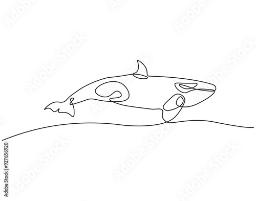 Continuous line drawing of orca whale. Single line drawing of whale killer fish. Marine animal concept continuous line. Editable outline.