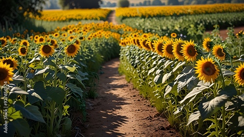 A picturesque pathway lined with tall blooming sunflowers a peaceful journey through a vibrant sunlit landscape the overall mood is inviting and tranquil 