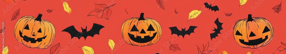 Halloween pumpkins and bats pattern on a vibrant red background Halloween pumpkins and bats pattern on a vibrant red background