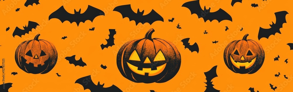 Fototapeta premium Halloween pumpkins and bats pattern for festive decoration