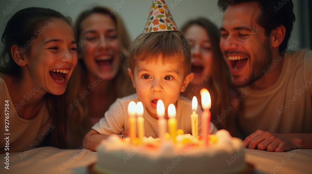 © Andrew505 - Joyful Family Birthday Celebration: Child Blowing Candles on Cake Surrounded by Excited Parents and Siblings © Andrew505 - Joyful Family Birthday Celebration: Child Blowing Candles on Cake Surrounded by Excited Parents and Siblings