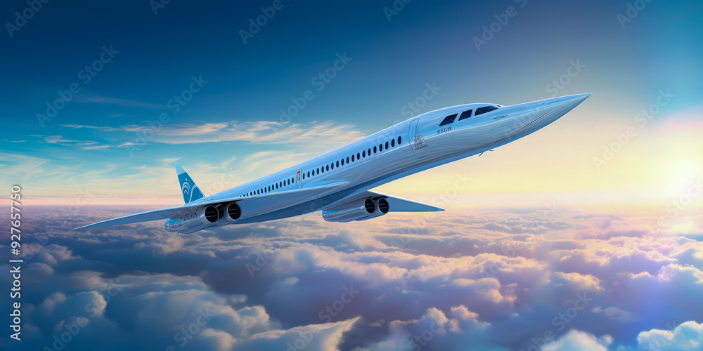 Exterior view of modern airplane as representation of generic supersonic plane, symbol of the future of the passenger aviation