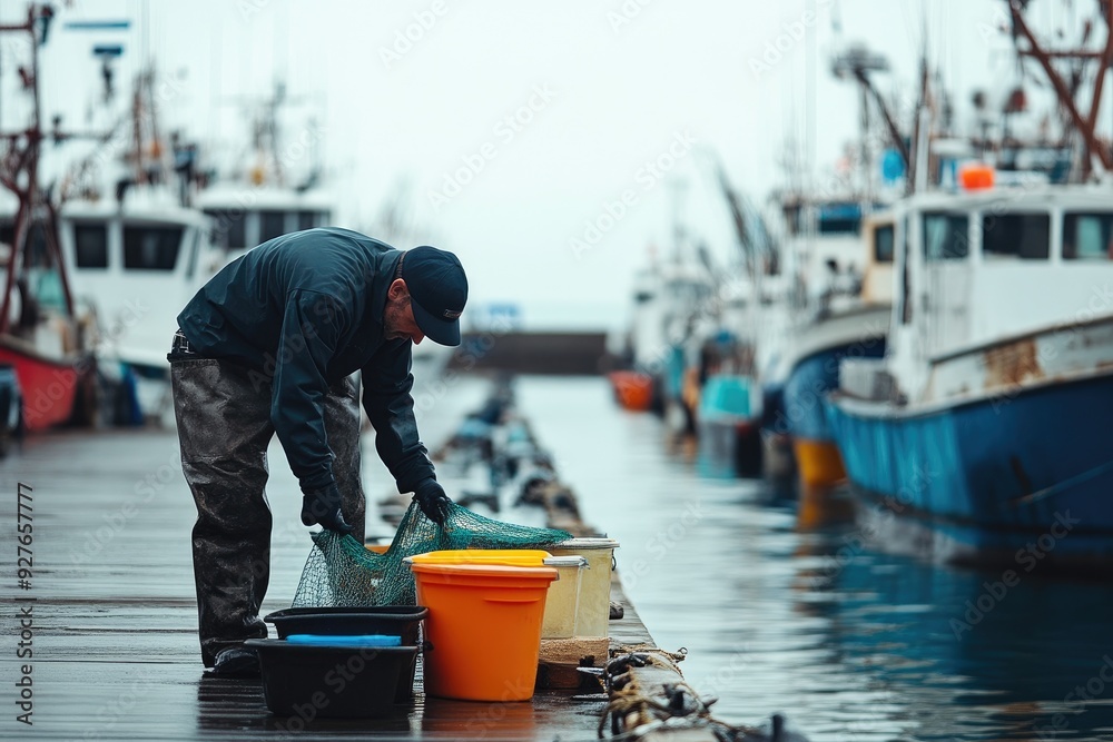Fisherman Organizing Fishing Gear on Dock Fisherman Organizing Fishing Gear on Dock