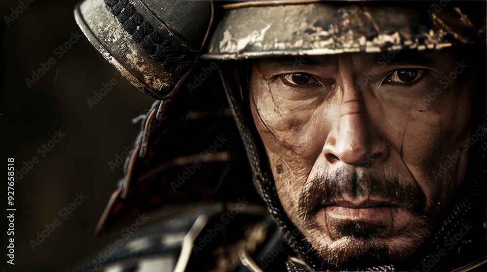 Close-up portrait of a weathered samurai warrior wearing traditional armor with a serious expression. Close-up portrait of a weathered samurai warrior wearing traditional armor with a serious expression.