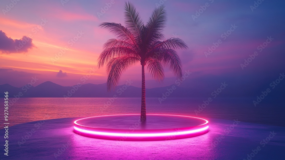 Obraz premium Neon podium display with palm tree in a modern setting