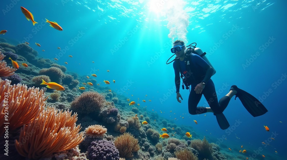 Obraz premium Scuba Diver Exploring Vibrant Coral Reef: Underwater Adventure with Tropical Fish and Marine Biodiversity