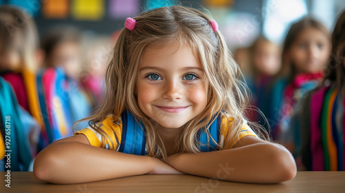 happy students with hyper-realistic, cinematic, modern and bright school supplies children are sitting at a desk in a classroom, with backpack, cover photo 