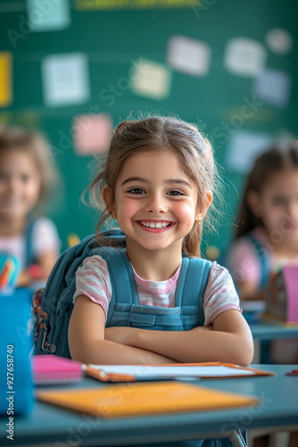 happy students with hyper-realistic, cinematic, modern and bright school supplies children are sitting at a desk in a classroom, with backpack, cover photo 