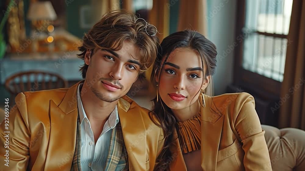 Happy young couple posing indoors in opulent, stylish clothing