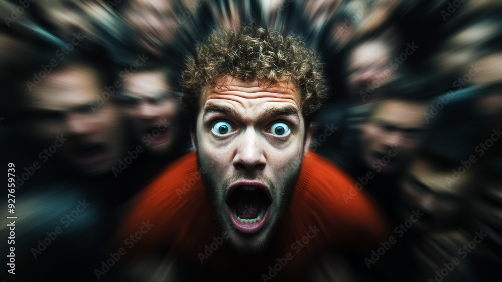 A person being jostled in a crowded space expression of panic with motion blur on the crowd to emphasize the chaos and fear A person being jostled in a crowded space expression of panic with motion blur on the crowd to emphasize the chaos and fear