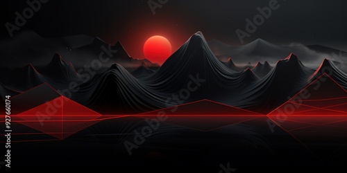 Abstract digital art depicting a red sun setting behind a mountain range with red glowing lines reflecting off of a dark water body.