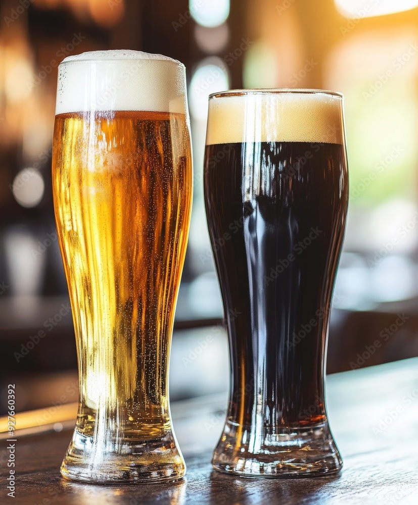 Two glasses of dark and light beer on a bar counter at sunset Two glasses of dark and light beer on a bar counter at sunset