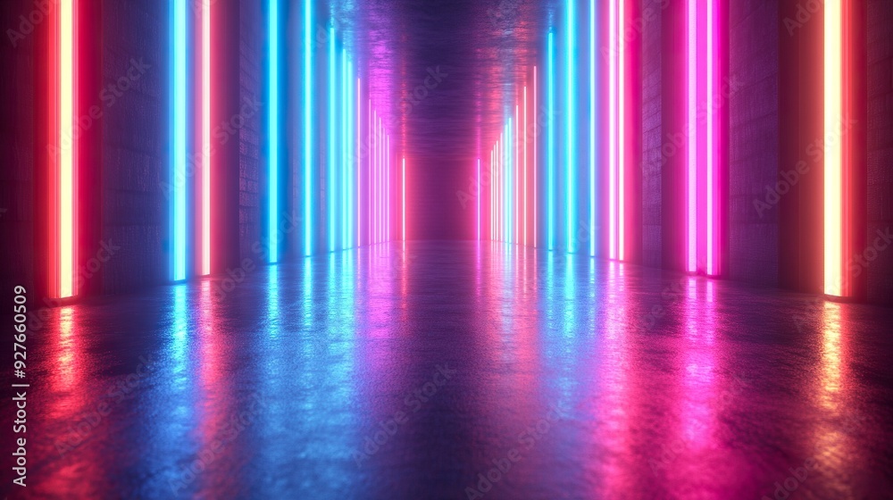 Vertical neon lines glowing in a dark, abstract setting Vertical neon lines glowing in a dark, abstract setting