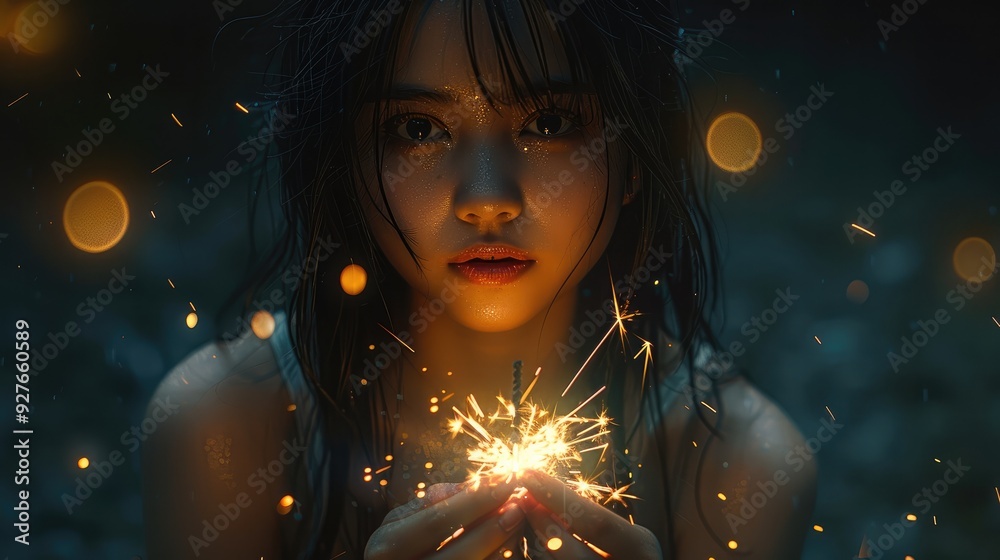 On a pitch black summer night, a Japanese woman squats down and holds a sparkler downwards, causing small sparks to fly. Generative AI. On a pitch black summer night, a Japanese woman squats down and holds a sparkler downwards, causing small sparks to fly. Generative AI.