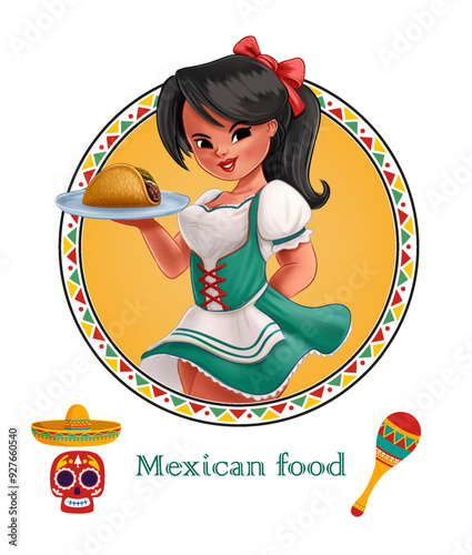 mexican serving taco on tray logo mascot illustration