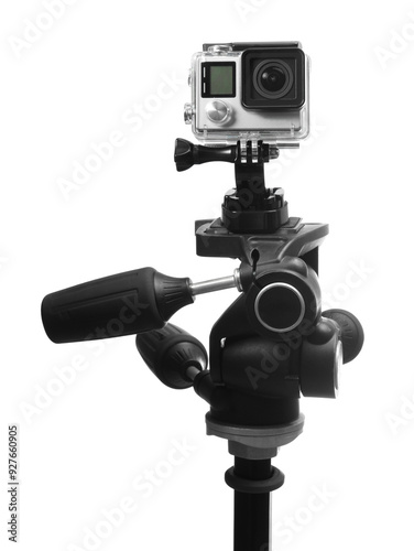 Modern action camera and stabilizer isolated on white