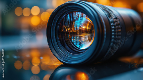 "Closeup of professional camera lens with vibrant city lights reflecting inside, shallow depth of field, night photography equipment, sharp focus and technological precision concept."