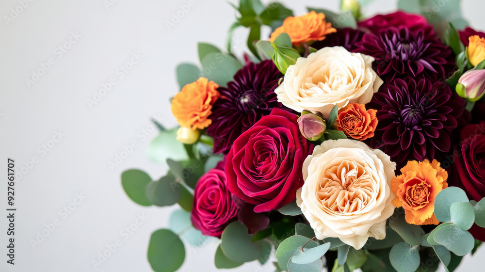Close up of an elegant autumn bouquet with deep red roses burgundy dahlias and orange marigolds accented with dark green foliage and eucalyptus isolated on a neutral background Close up of an elegant autumn bouquet with deep red roses burgundy dahlias and orange marigolds accented with dark green foliage and eucalyptus isolated on a neutral background