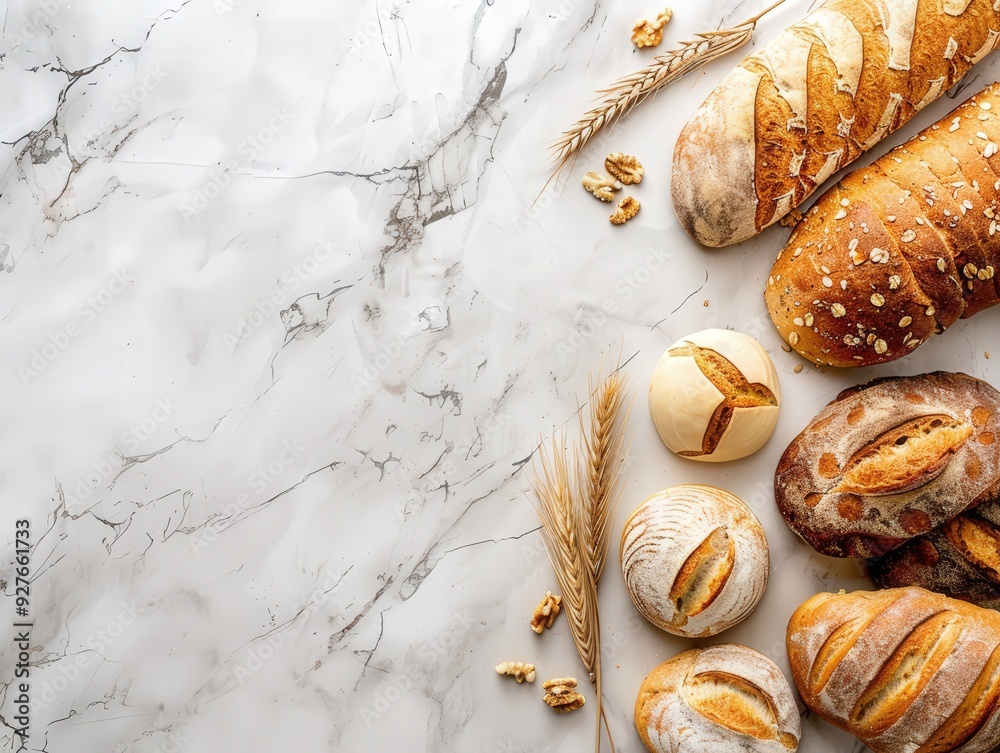 Obraz premium Freshly baked artisan bread assortment on a marble countertop