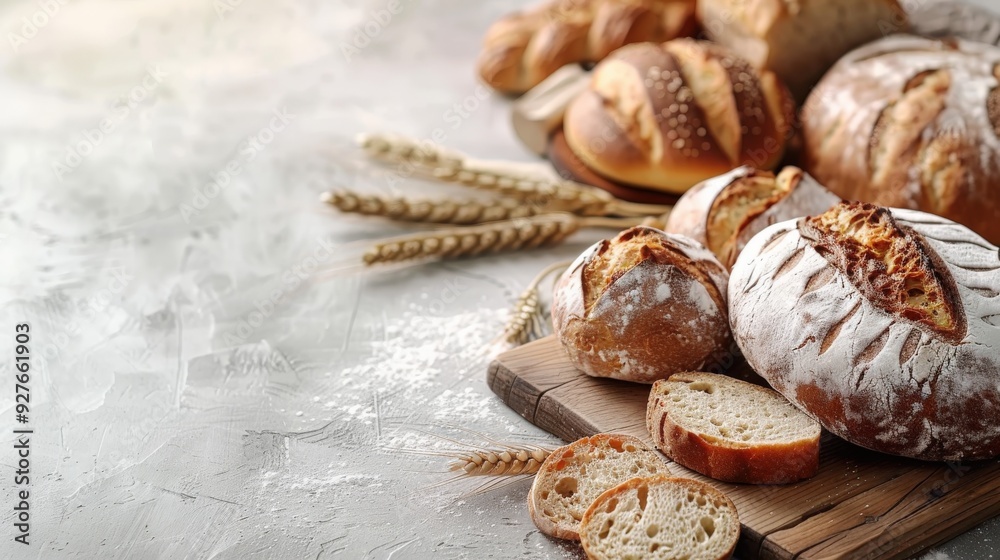 Freshly baked artisan bread on a wooden board with wheat stalks Freshly baked artisan bread on a wooden board with wheat stalks