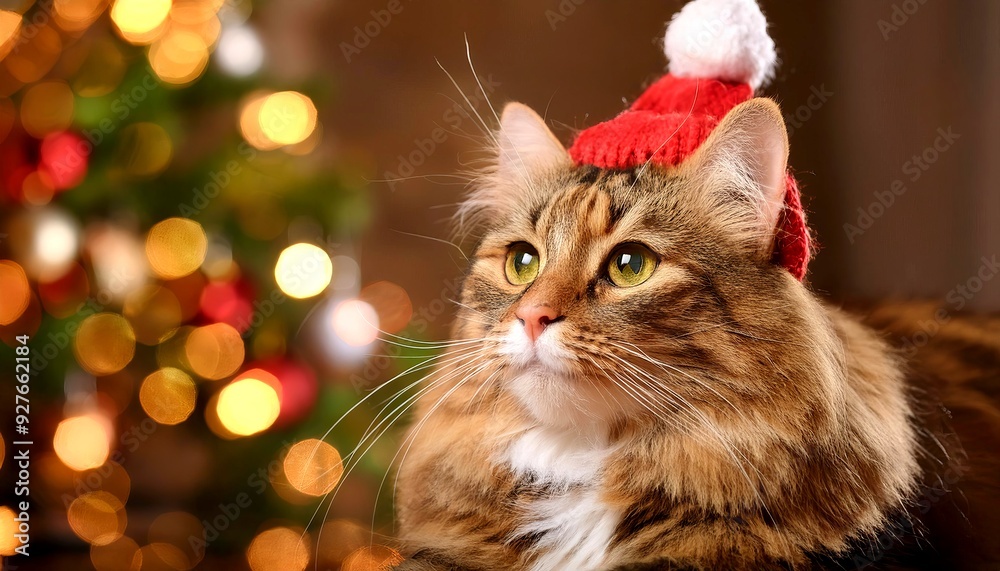 A long-haired cat sitting by a Christmas tree with colorful lights, colors festive reds, green. Curious Cat Embracing the Holiday Spirit. Christmas hat. 6