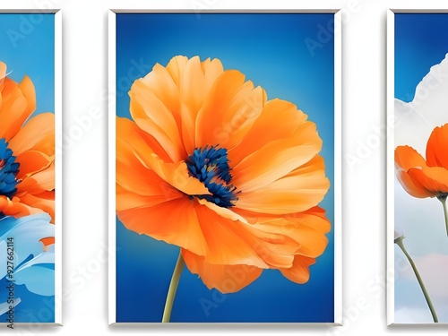Set of three abstract floral art with blue and orange hue