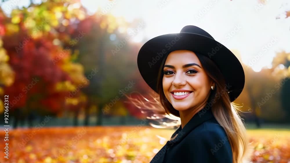 Young Hispanic woman smiling in vibrant autumn park with hat Young Hispanic woman smiling in vibrant autumn park with hat