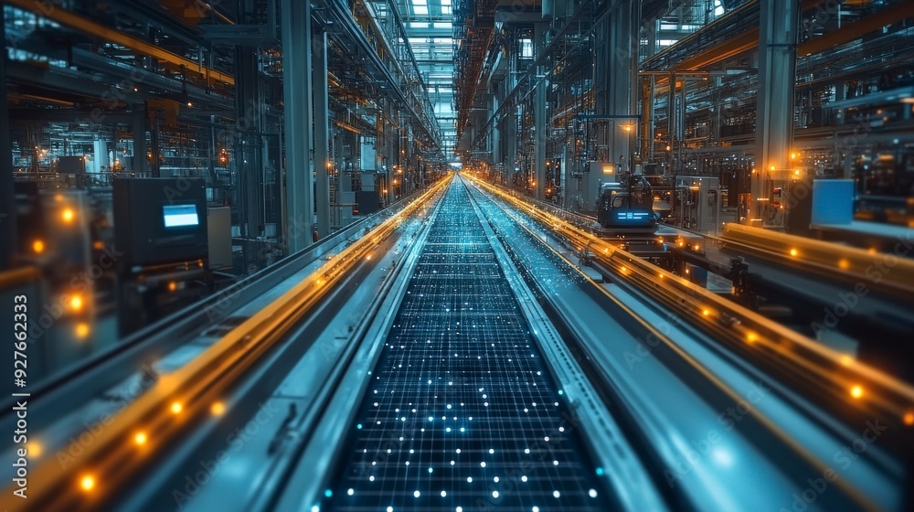 Conveyor belt with glowing grid pattern in an industrial setting. Conveyor belt with glowing grid pattern in an industrial setting.