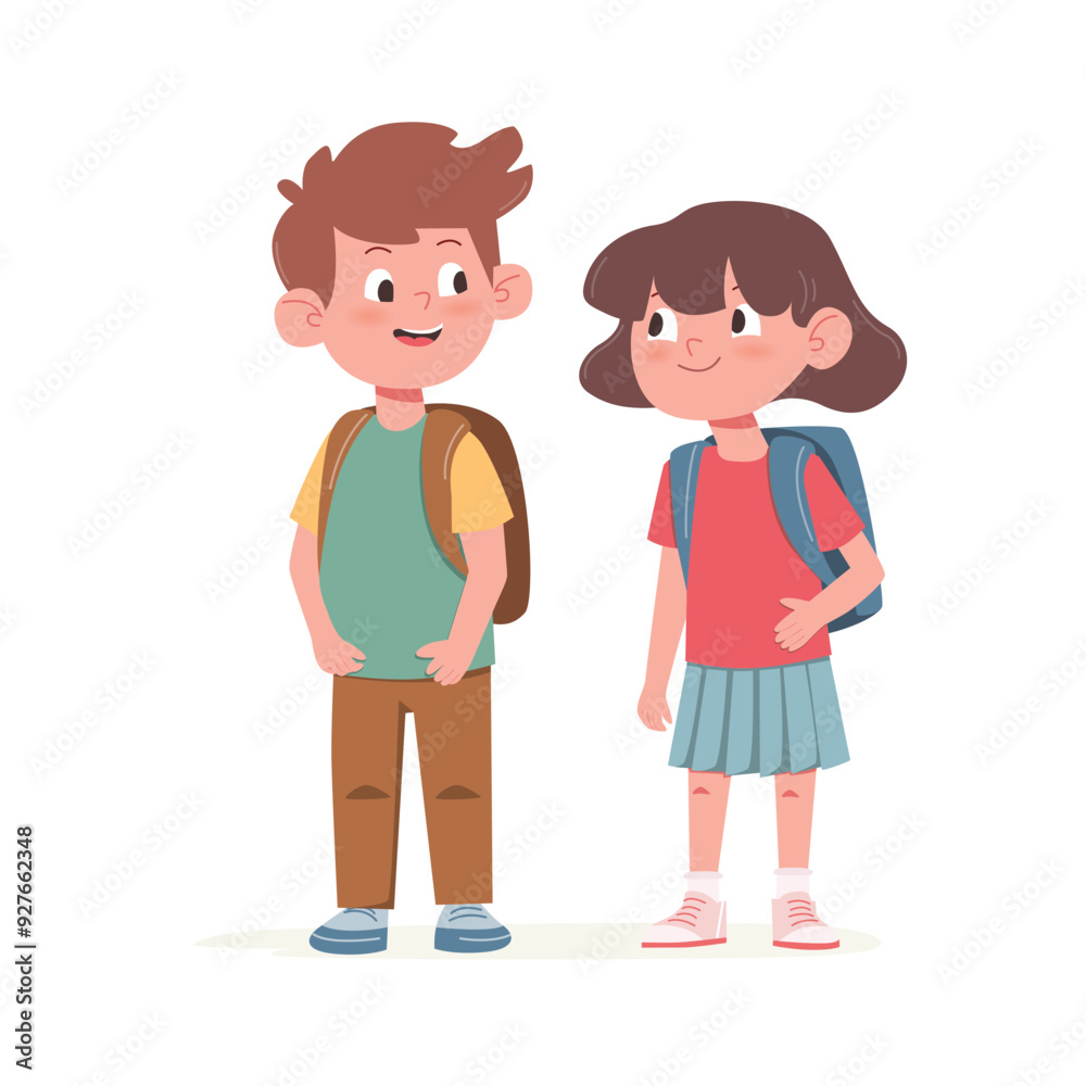 Cute little school boy and girl with a backpacks. Flat vector illustration isolated on white background Cute little school boy and girl with a backpacks. Flat vector illustration isolated on white background