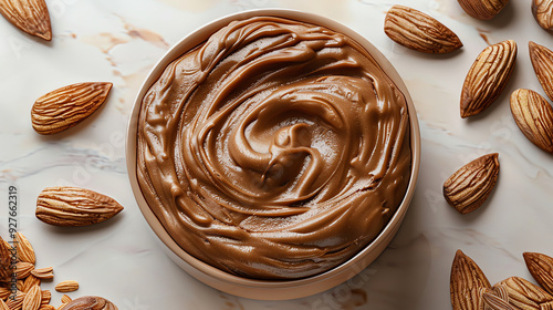 Almond butter in flat design, top view, healthy food, 3D render. Generative ai.