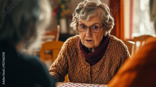 Elderly woman engaged in conversation photo