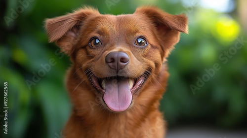 Close-up of a joyful dog with a big smile, tongue out and bright eyes, captured in a playful outdoor moment with a vibrant green blurred background, perfect for Smile Day promotion